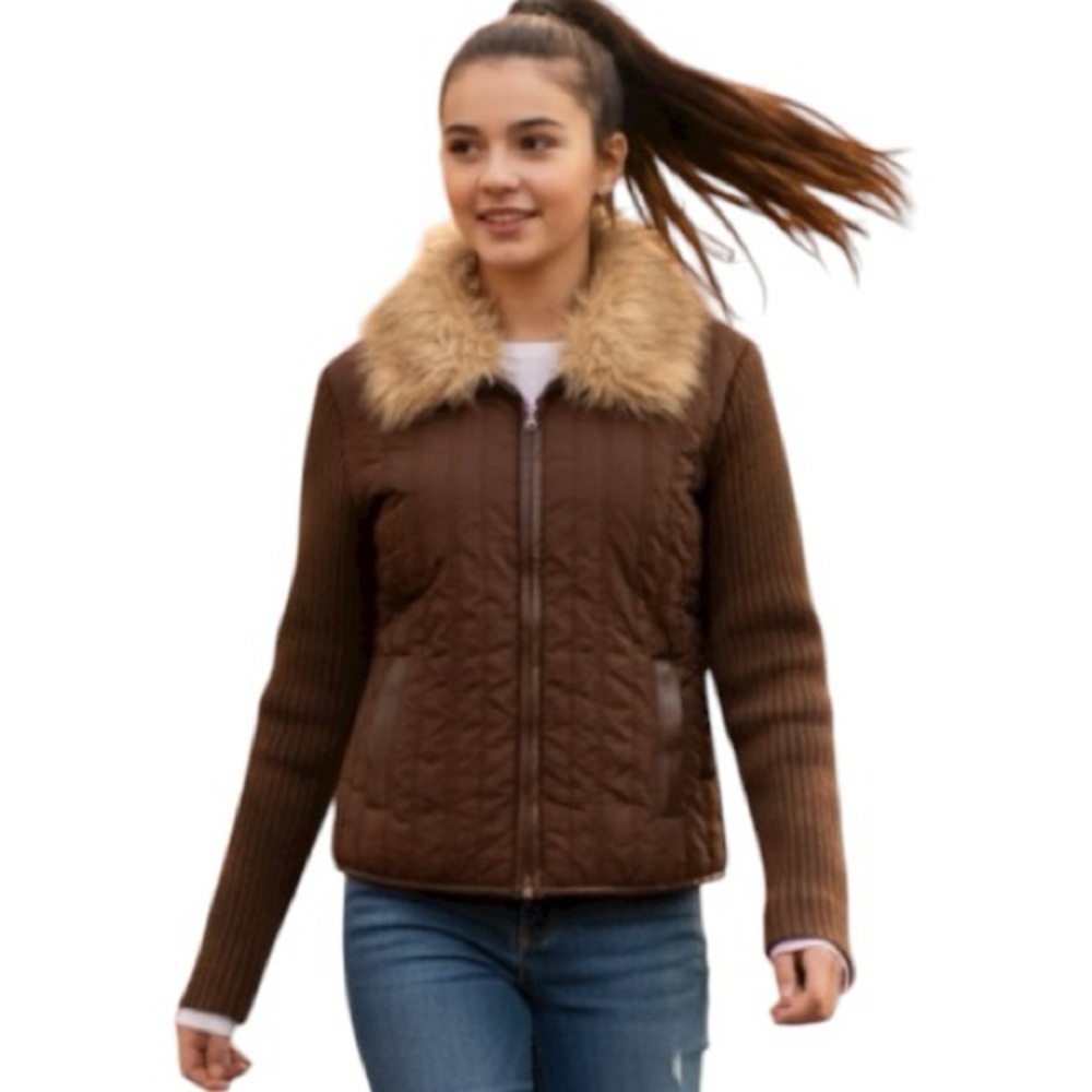 J.J.Basics Puffer Jacket, Y2K Faux Fur, Faux leather, Sweater, Sz L​, neutral